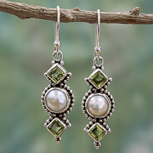 Peridot and Cultured Pearl Dangle Sterling Silver Earrings 'Vernal Allure'