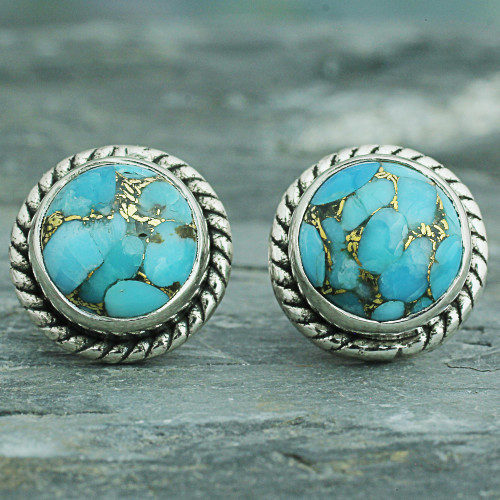 Sterling Silver Composite Turquoise Stud Earrings 'Cool Aqua Radiance'