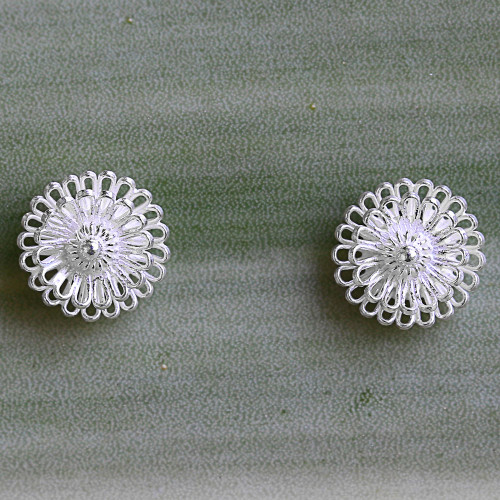 Hand Made Sterling Silver Stud Earrings Floral Thailand 'Zinnia Flowers'