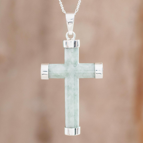 Sterling Silver Green Jade Pendant Necklace from Guatemala 'Green Mayan Cross'