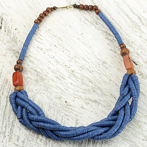 Blue Braided Beaded Necklace Fair Trade Jewelry from Africa 'Sosongo in Blue'