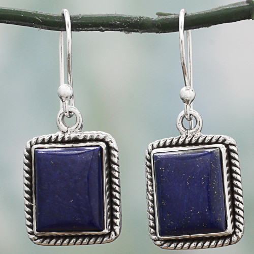 Lapis Lazuli Sterling Silver Rectangle Dangle Earrings 'Blue Frame'