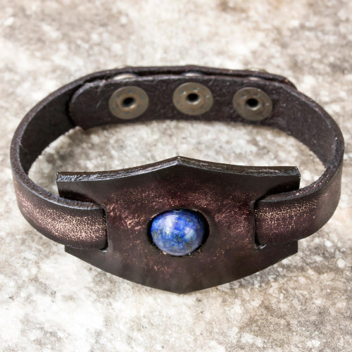 Leather and Lapis Lazuli Adjustable Snap Bracelet 'Blue Soul'