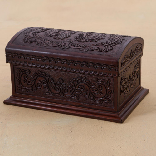Embossed Leather Leaves on Mohena Wood Treasure Chest Box 'Classic Inspiration'