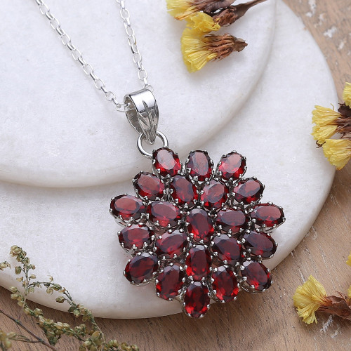 Hand Made Sterling Silver Garnet Pendant Necklace India 'Red Sunflower'