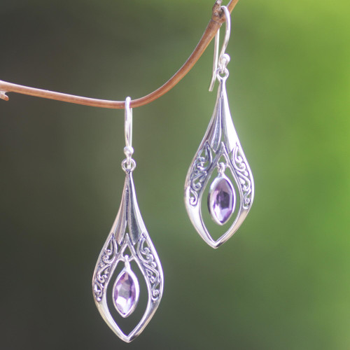 Hand Made Sterling Silver Amethyst Dangle Earrings Indonesia 'Purple Teardrops'