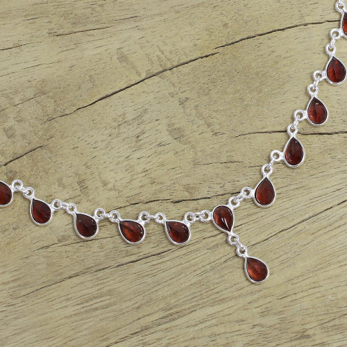 Artisan Crafted Sterling Silver Waterfall Garnet Necklace 'Scarlet Droplets'