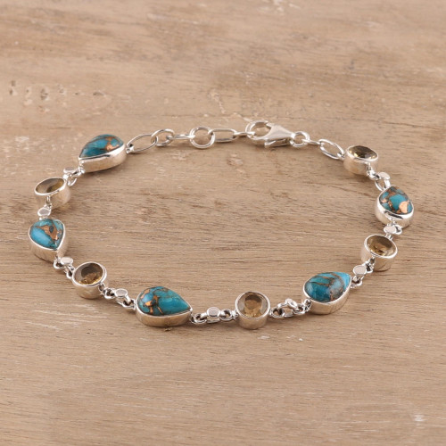 Citrine Composite Turquoise Link Bracelet from India 'Sunny Drops in Blue'