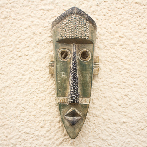 Original Green West African Hand-Carved Sese Wood Wall Mask 'Green Giant'