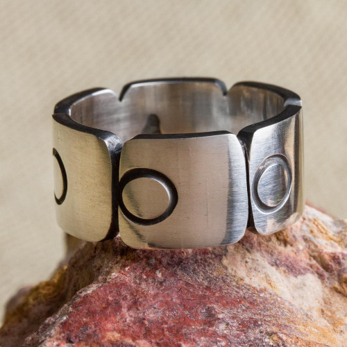 Sterling Silver Band Ring with Square Circle Motifs Mexico 'Aztec Squares'