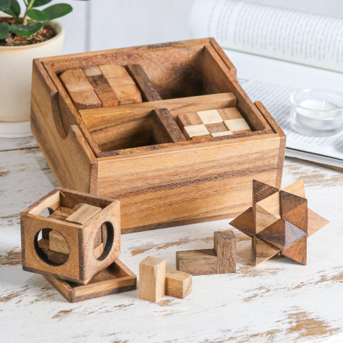 Handmade Set of Five Wooden Puzzles from Thailand 'Five Puzzles'