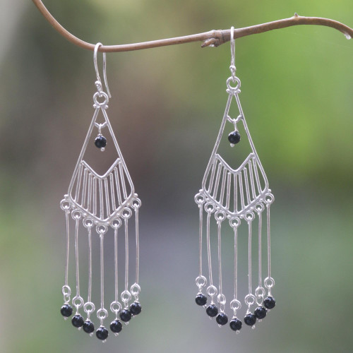 Sterling Silver Onyx Dangle Earrings Handmade in Indonesia 'Bali Raindrops'