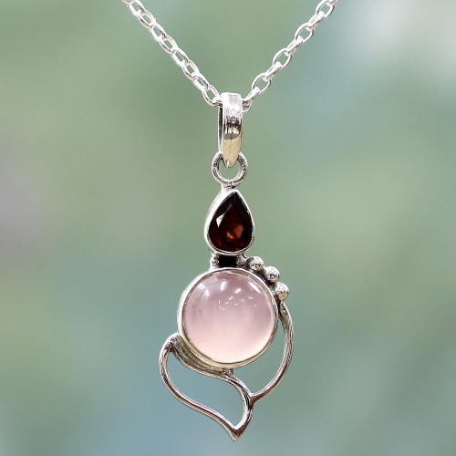 Garnet Chalcedony Sterling Silver Pendant Necklace India 'Pink Crest'