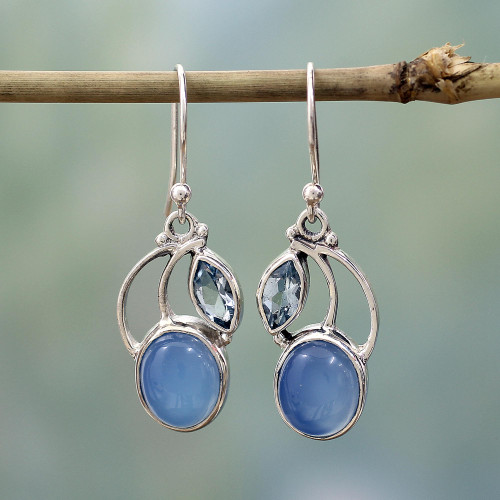 Sterling Silver Blue Topaz Chalcedony Dangle Earrings India 'Blue Fog'