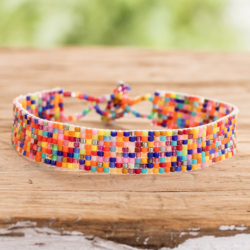 Multicolored Glass Beaded Wristband Bracelet from Guatemala 'Multicolored Happiness'