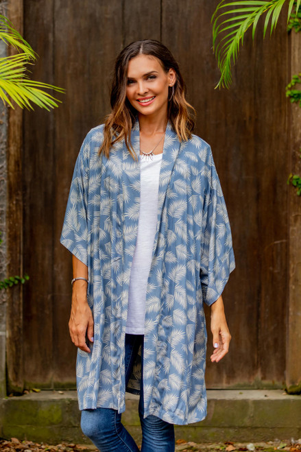 100 Rayon Ivory and Cadet Blue Robe from Bali 'Windy Beach in Cadet Blue'