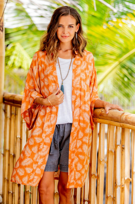 Balinese Rayon Print Robe in Ivory and Orange 'Windy Beach in Orange'
