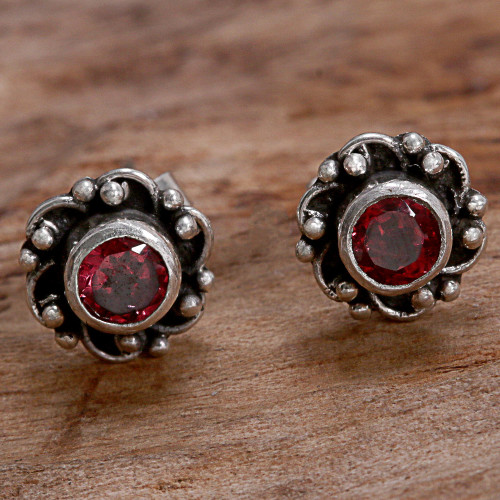 Hand Made Garnet and Sterling Silver Flower Stud Earrings 'Little Happiness in Red'