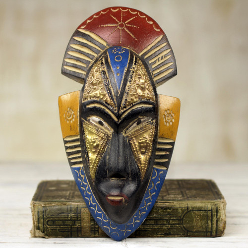 Hand Crafted Ghanaian Sese Wood Wall Mask with Brass Accents 'Opeyemi'