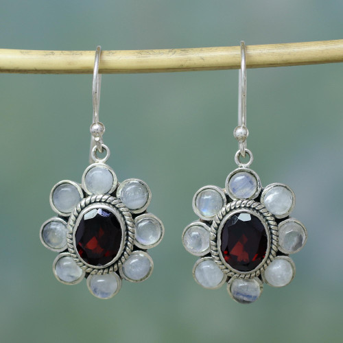 Rainbow Moonstone Garnet Sterling Silver Dangle Earrings 'Pure Radiance'