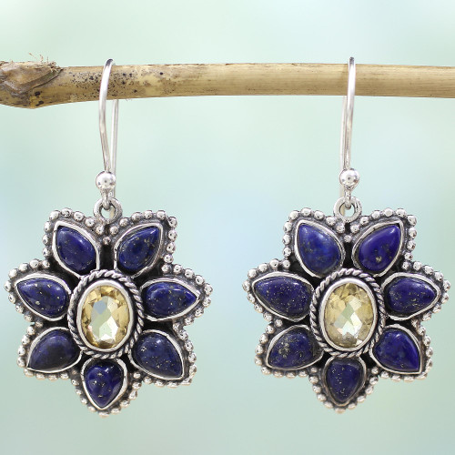 Lapis Lazuli Citrine Floral Dangle Earrings from India 'Geranium Blossoms'