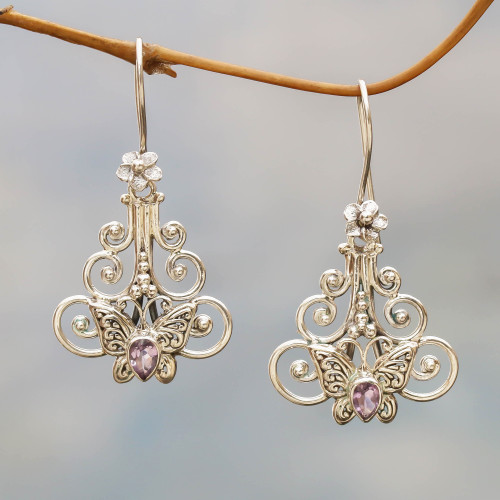 Amethyst Sterling Silver Butterfly Dangle Earrings Indonesia 'Resting Butterfly'