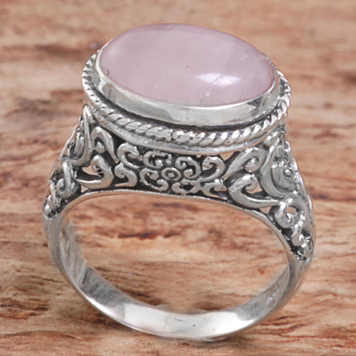 Sterling Silver Rose Quartz Single Stone Ring from Indonesia 'Bali Eye in Pink'