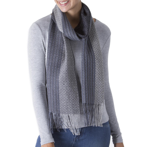 Hand Woven Baby Alpaca Silk Blend Grey Scarf from Peru 'Soft Texture in Grey'