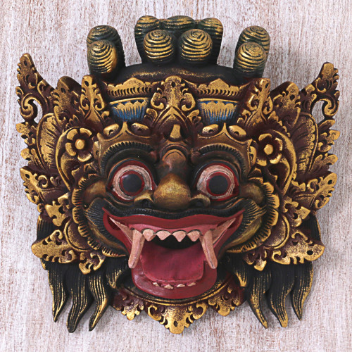 Hand Made Gold Colored Wood Mask from Indonesia 'Bali Barong'