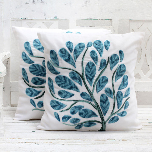 Cotton Cushion Covers with Acrylic Tree Embroidery Pair 'Tree of Life'