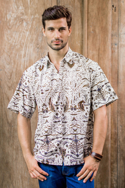 Men's Brown  White Short Sleeve Cotton Batik Button Shirt 'Continuous Love'