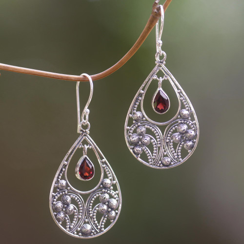 Garnet and Sterling Silver Dangle Earrings from Indonesia 'Bali Crest'