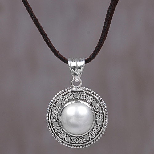 Cultured Mabe Pearl and Leather Cord Pendant Necklace 'White Orb'