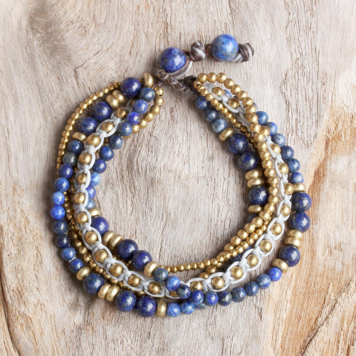 Brass and Lapis Lazuli Multi-Strand Beaded Bracelet 'Brisk Ocean'