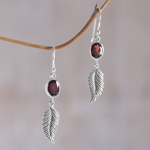 Balinese 925 Sterling Silver Feather Earrings with Garnet 'Passionate Hope'