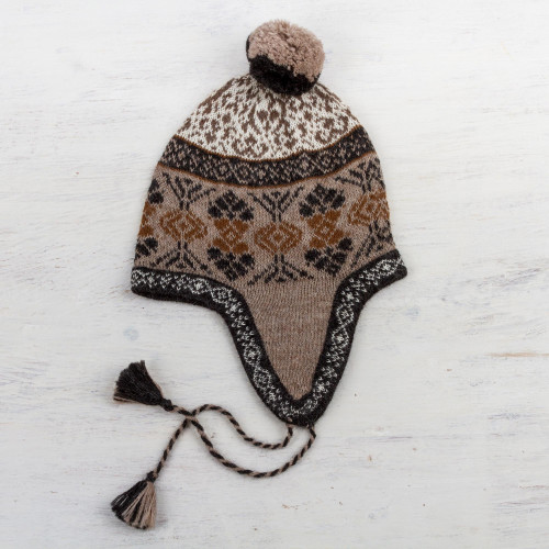 100 Alpaca Chullo Hat in Tan and Eggshell from Peru 'Andean Patterns'
