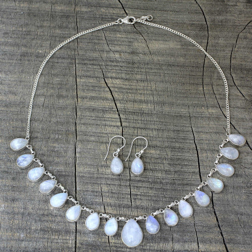 Rainbow Moonstone Jewelry Set Necklace and Earrings 'Lovely Morning'