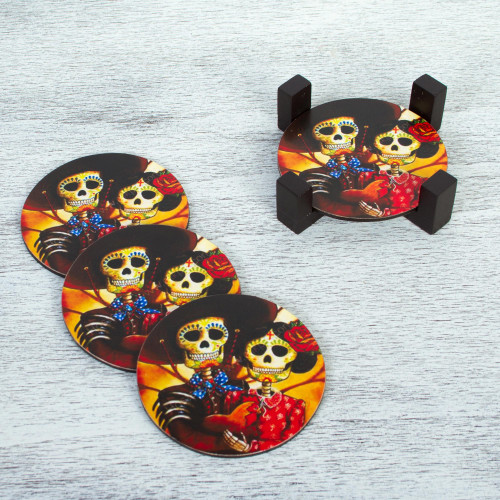 Wood Coasters Day of the Dead Set of 4 from Mexico 'Catrin and Catrina'