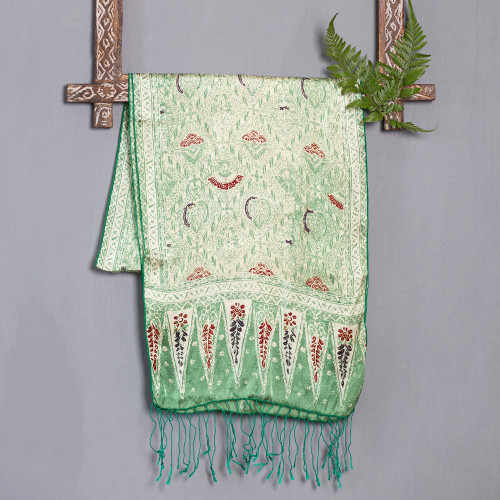 Hand Made Floral Silk Batik Scarf 'Royal Java Green'