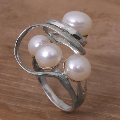 Handcrafted Balinese Sterling Silver and Cultured Pearl Ring 'Polarized Pearl'