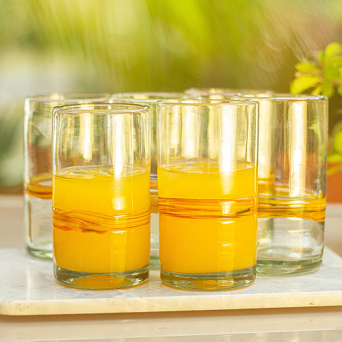Set of 6 Blown Recycled Glass Tumblers with Orange Stripe 'Ribbon of Sunshine'