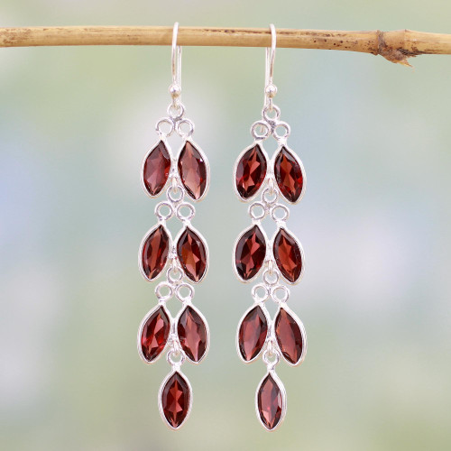 Garnet and Sterling Silver Dangle Earrings from India 'Sparkling Red Leaves'