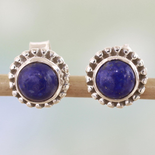 Lapis Lazuli and Sterling Silver Stud Earrings from India 'Blue Globe'