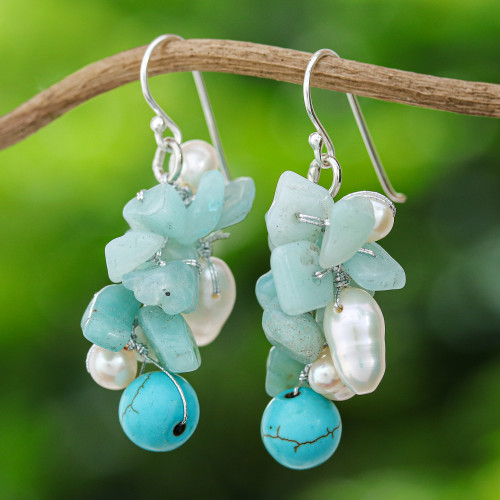 Beaded Cultured Pearl and Blue Quartz Earrings 'Phuket Beach'