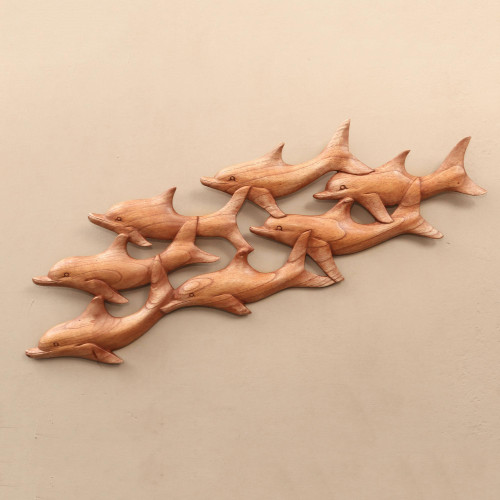 Wood wall panel 'School of Dolphins'