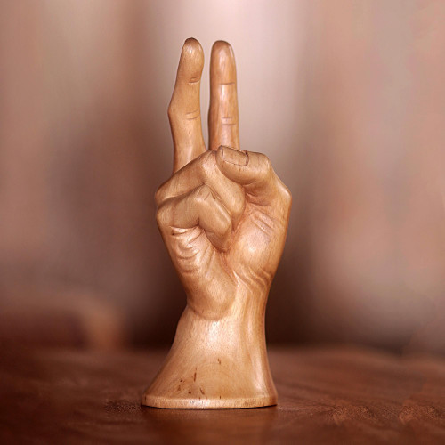 Realistic Bali Peace Sign Hand Sculpture in Hand Carved Wood 'Peace, Man'