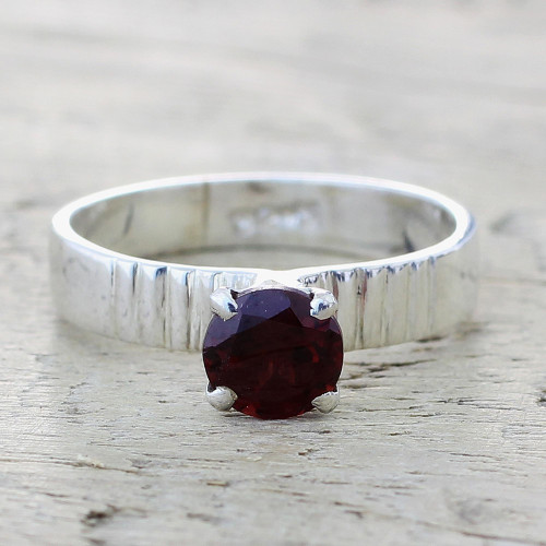Garnet and Sterling Silver Solitaire Ring from India 'Elegant Temptation'