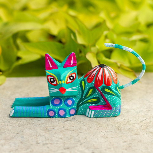 Copal Wood Alebrije Cat Sculpture in Teal from Mexico 'Excited Cat in Teal'