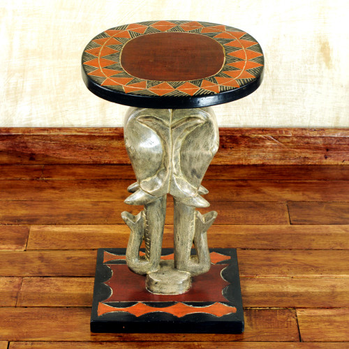 Cedar Wood Accent Table with Sculpted Elephants from Ghana 'Savannah Elephants'