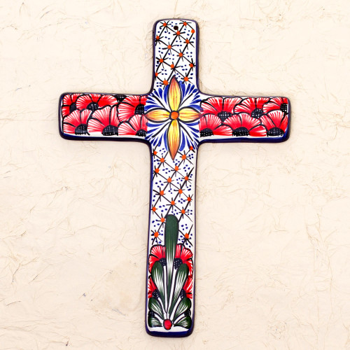 Multicolored Ceramic Mexican Wall Cross with Floral Motifs 'Flower Field'